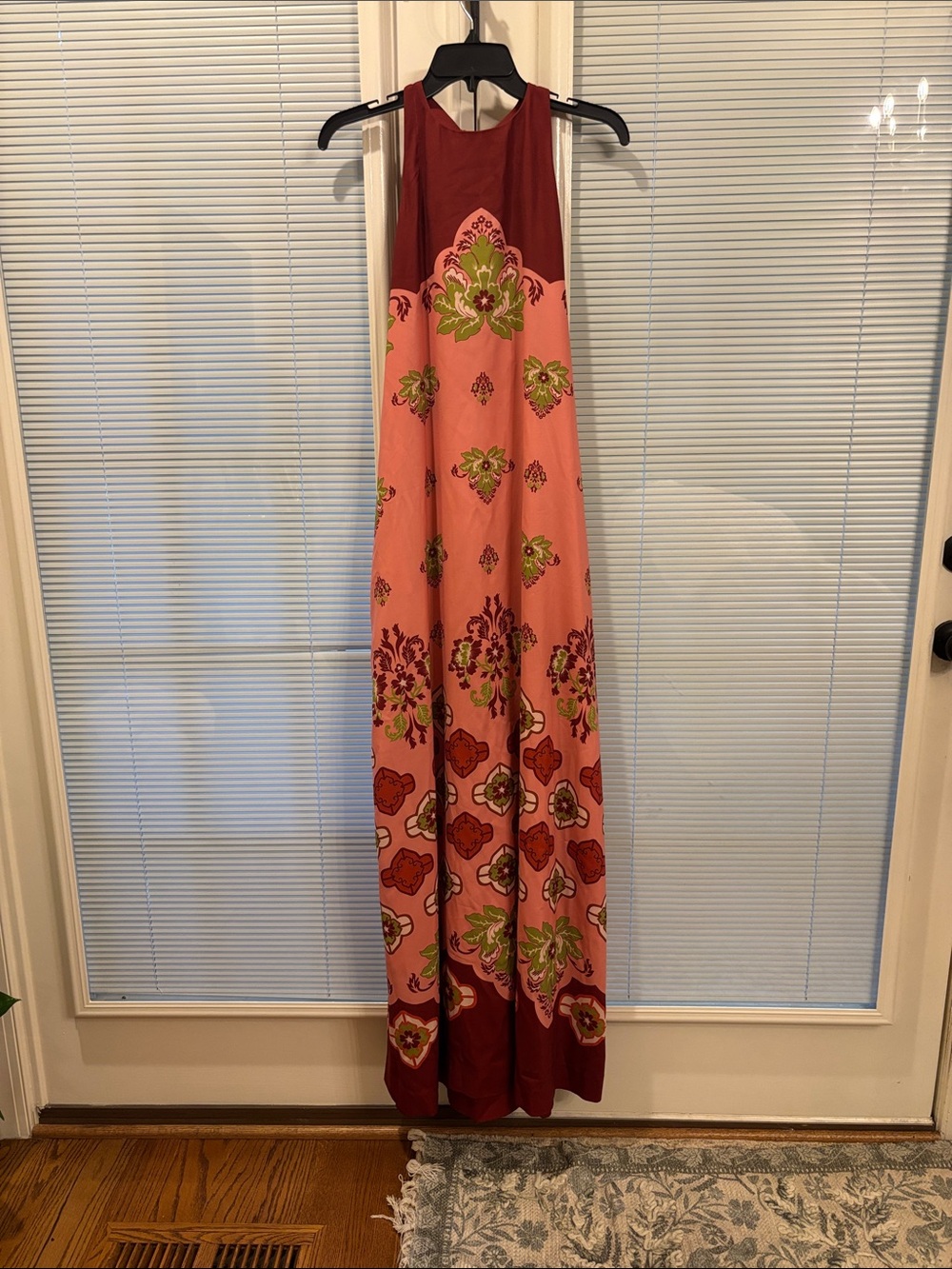 Sleeveless Coral Pink Maxi Dress with Floral Motif       Dress has a Run(Pics)